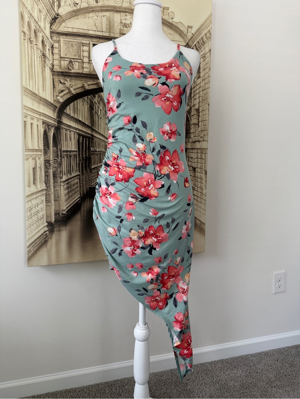 Preloved Floral Asymmetric Slip Dress in Sage Green